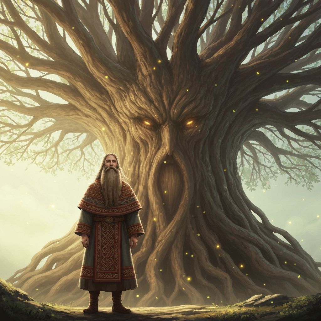 Mystic Before Yggdrasil in Whimsical Style