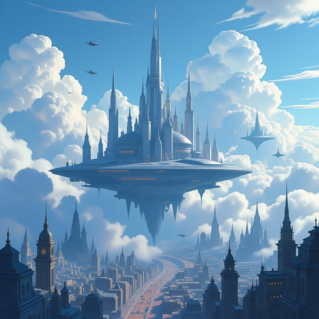 Floating Metropolis Above Earth City, Digital Art
