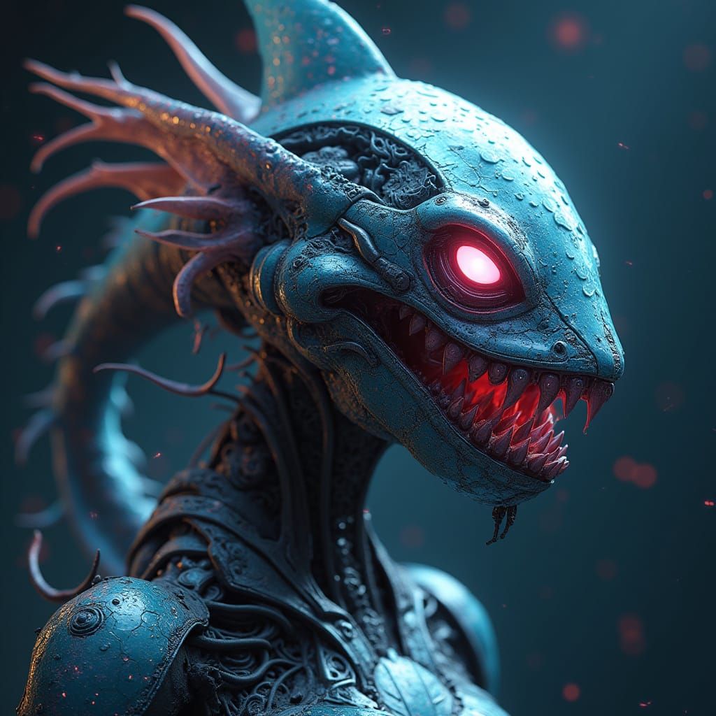 Cybernetic Medusa Shark Hybrid with Holographic Mask