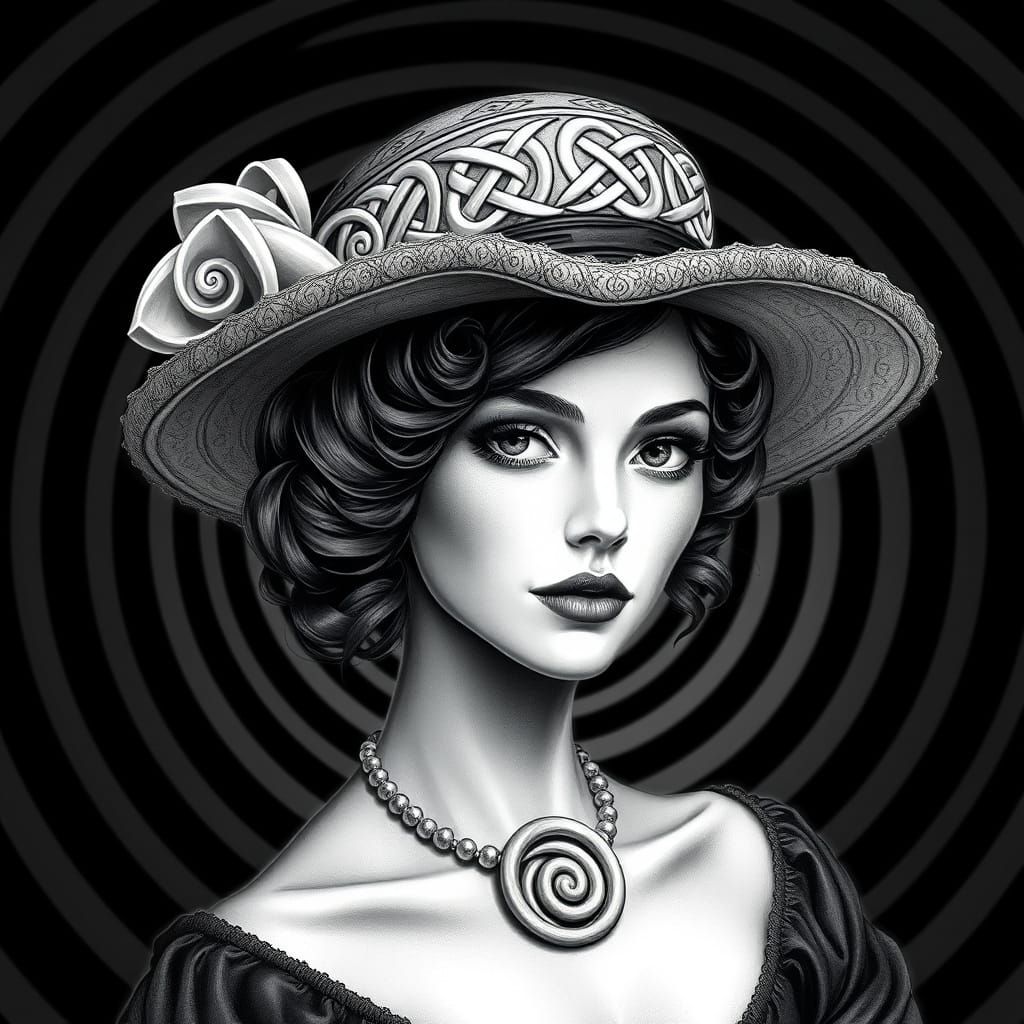 A black and white digital art portrait with an optical illus...