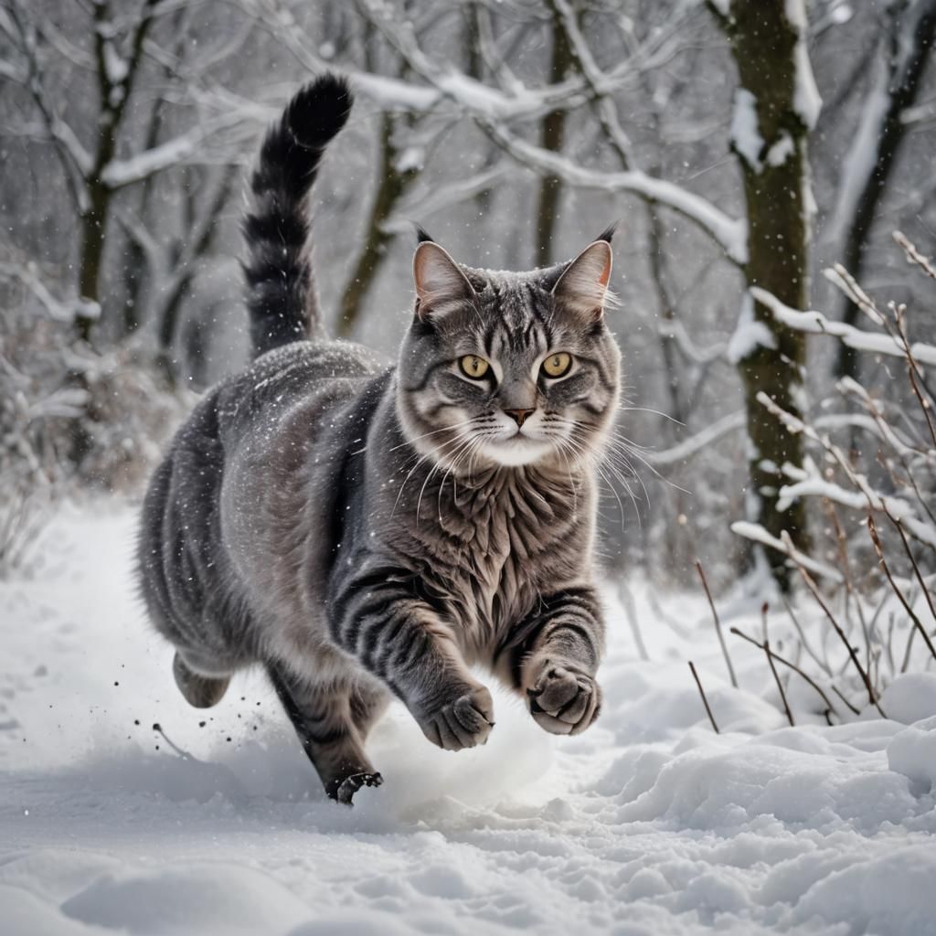 Grey Maine Coon Running Through Snow