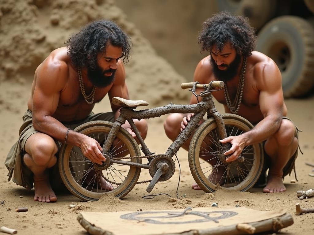 Cavemen Inventing a Prehistoric Bicycle