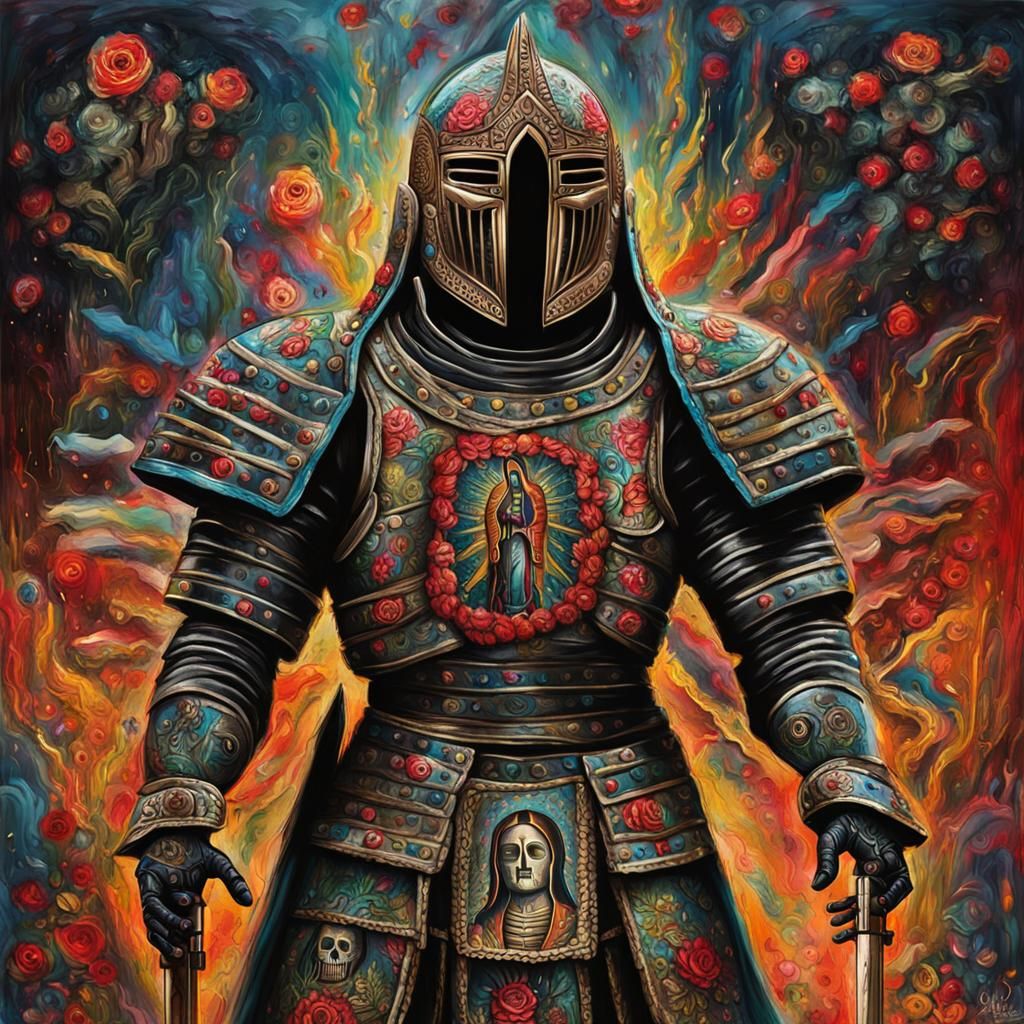 Virgin of Guadalupe Hell Knight in Action Painting Style