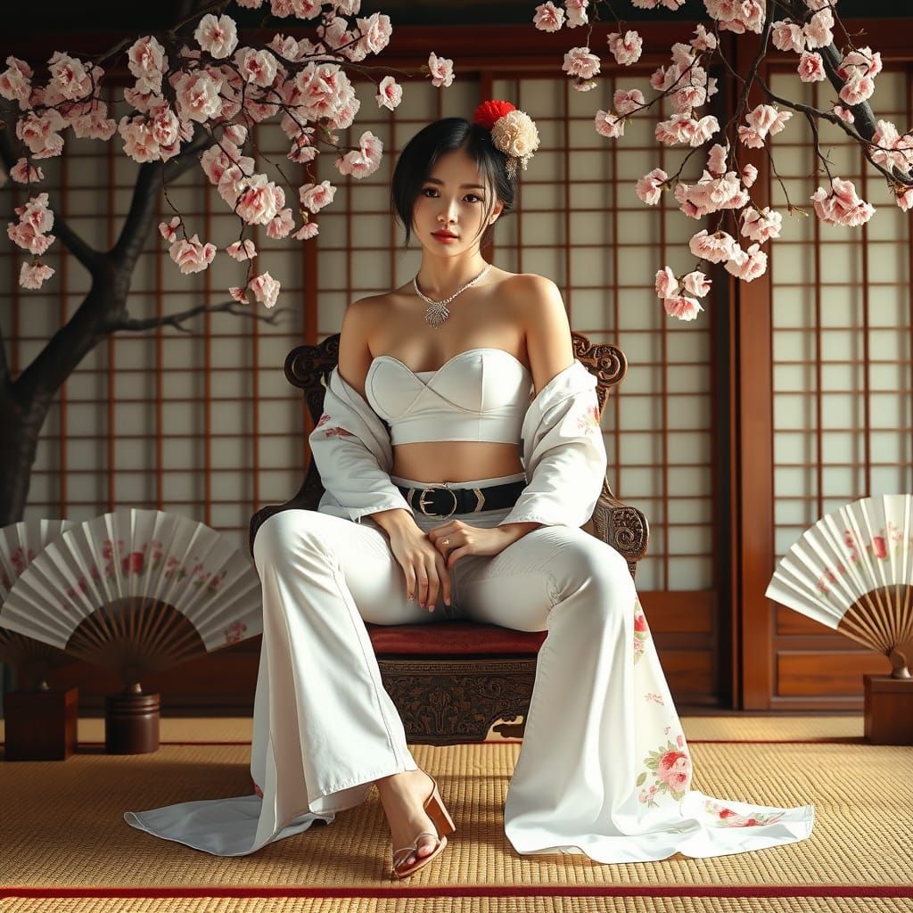 Geisha in Modern Attire with Cherry Blossoms
