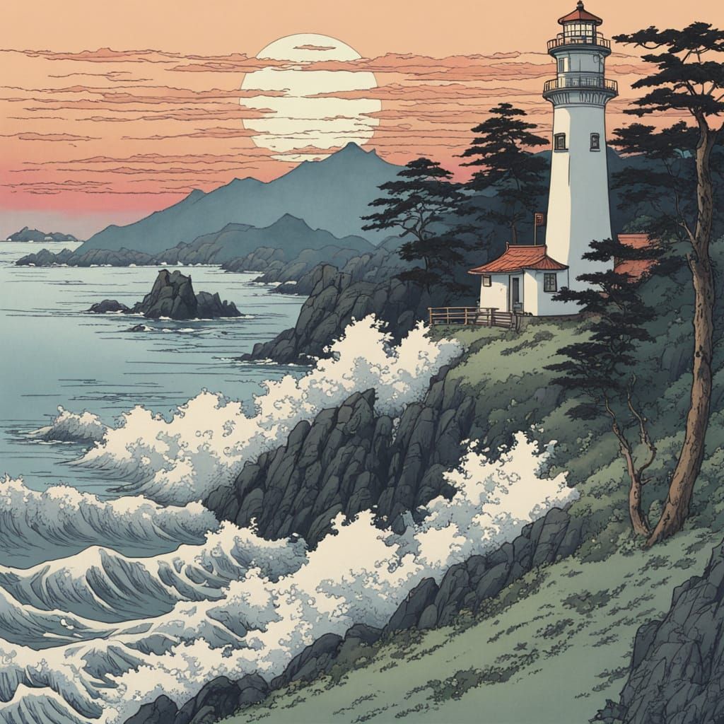 Serene Sunset at Cape Ashizuri Lighthouse in Ukiyo-e Style