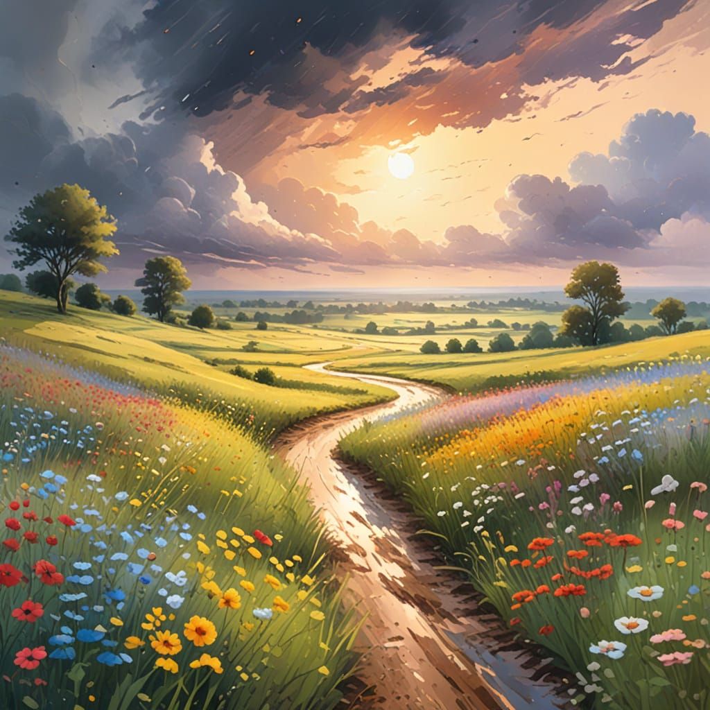 Impressionist Wildflowers in Summer Rain: Gouache Painting