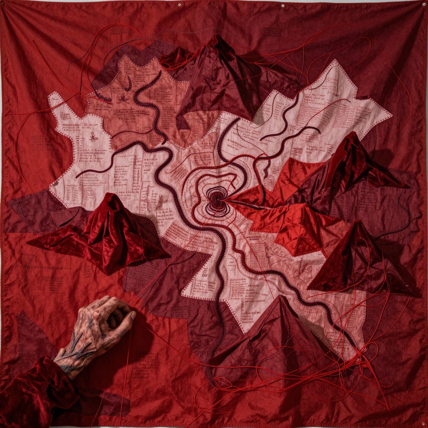 Expressionist Crimson Map on Textured Fabric