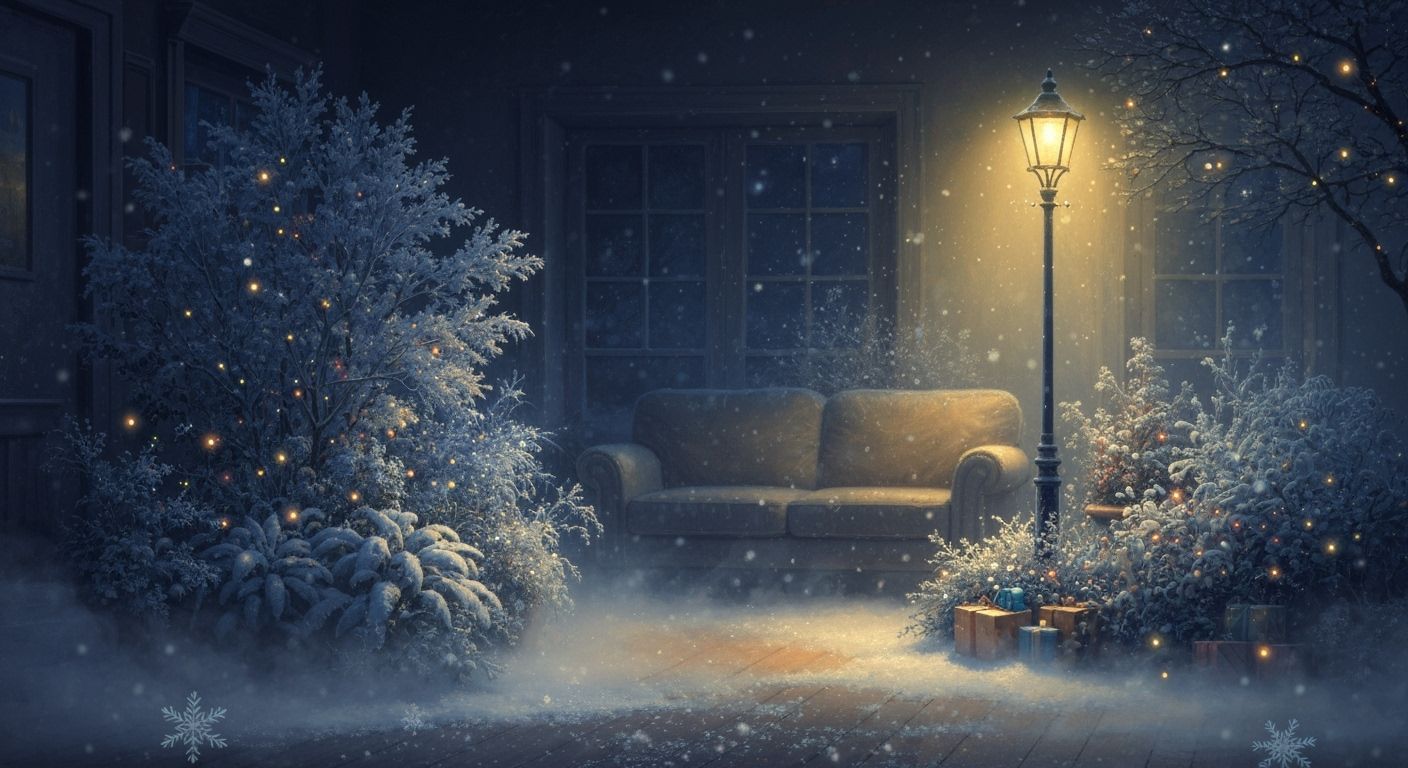 Serene Christmas Garden in Dimly Lit Living Room