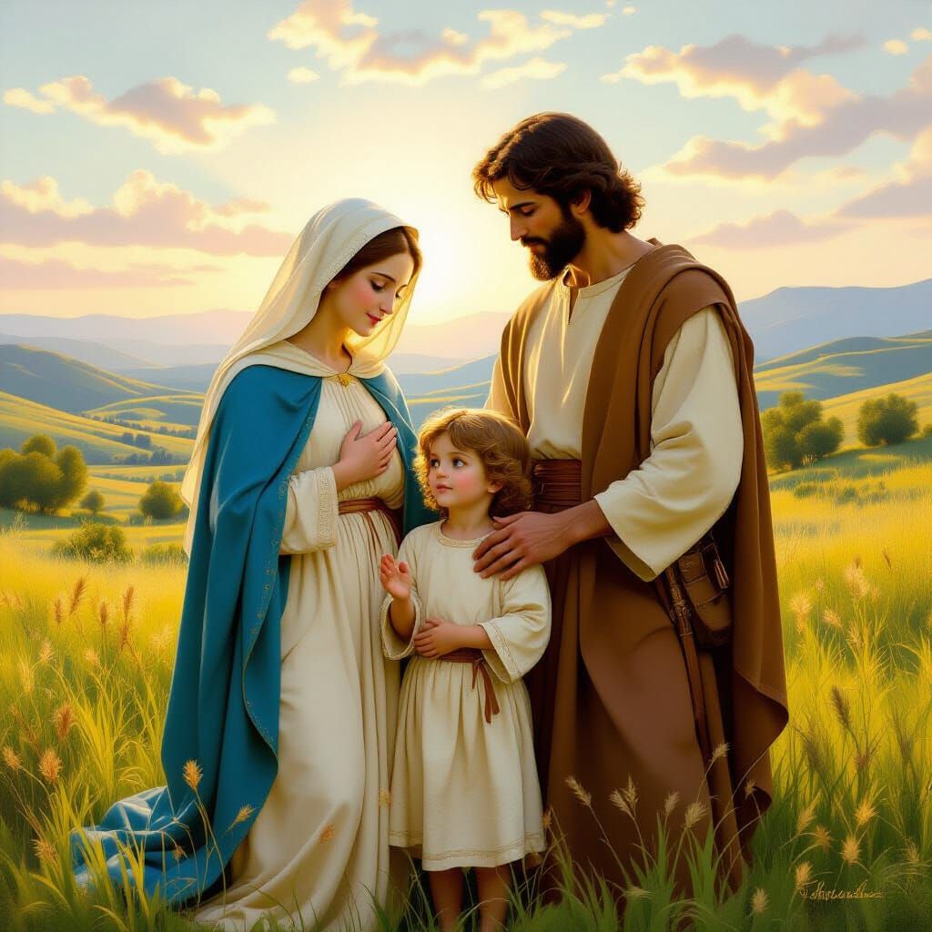 Holy Family in Sun-Drenched Meadow, Pastoral Painting
