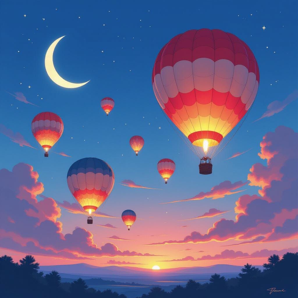 Whimsical Hot Air Balloons in Twilight Sky Gouache Painting