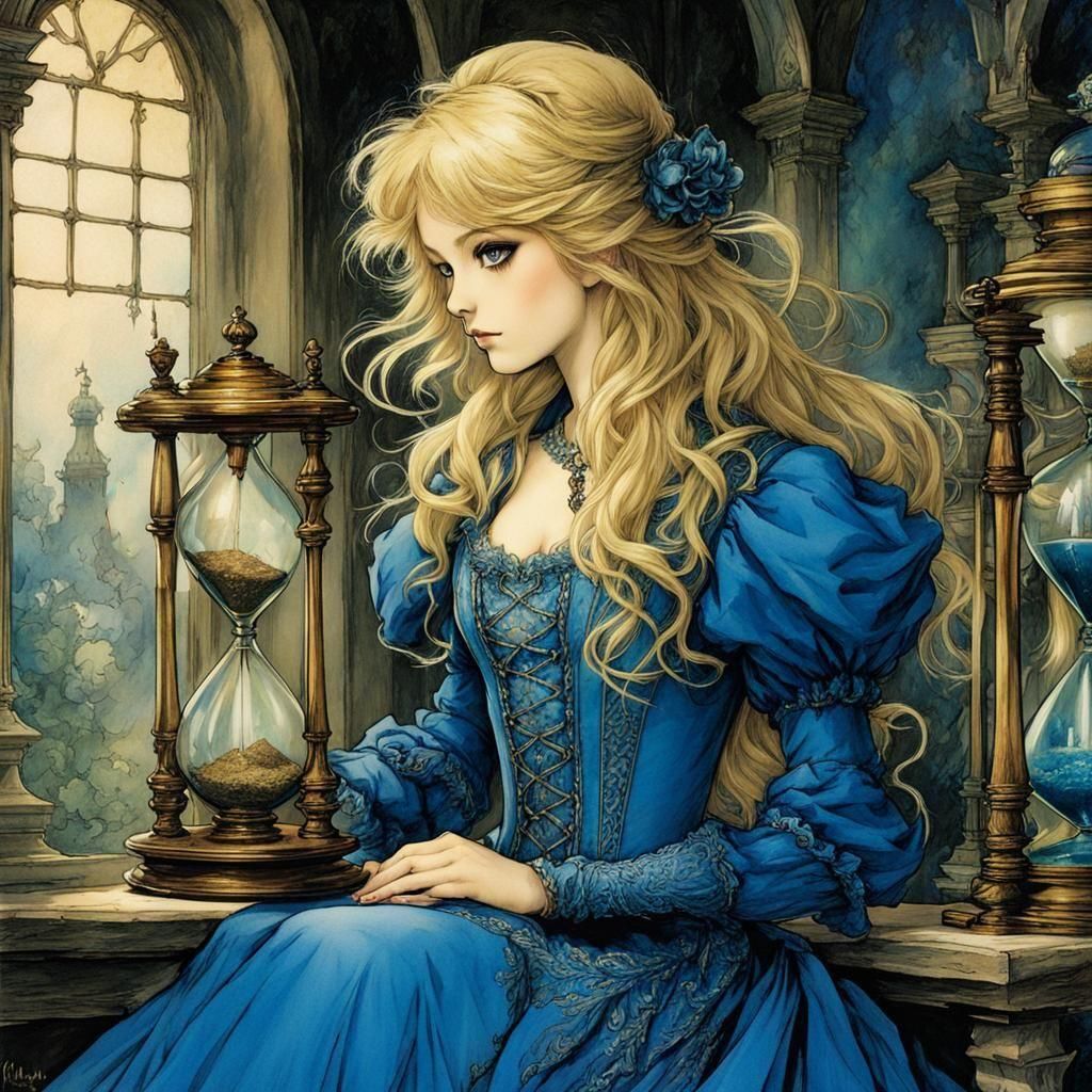 Fairytale Princess Beside Hourglass in Anime Style