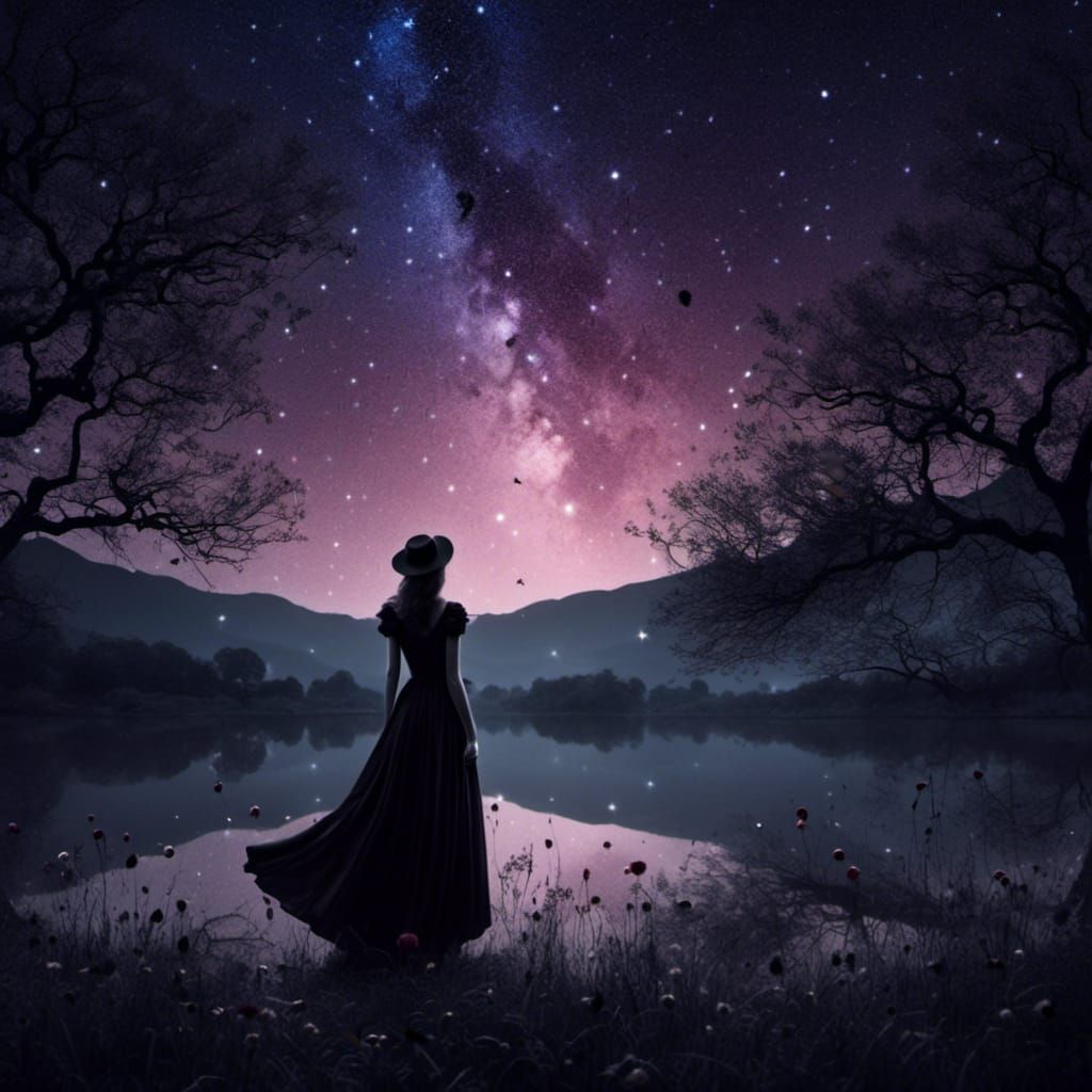 Silhouette of Woman Under Starry Night Sky