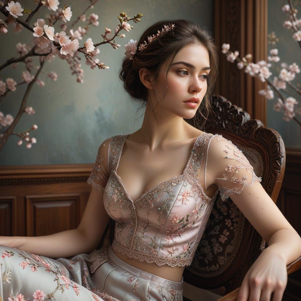 Hyper-Realistic Digital Art of Woman in Cherry Blossoms
