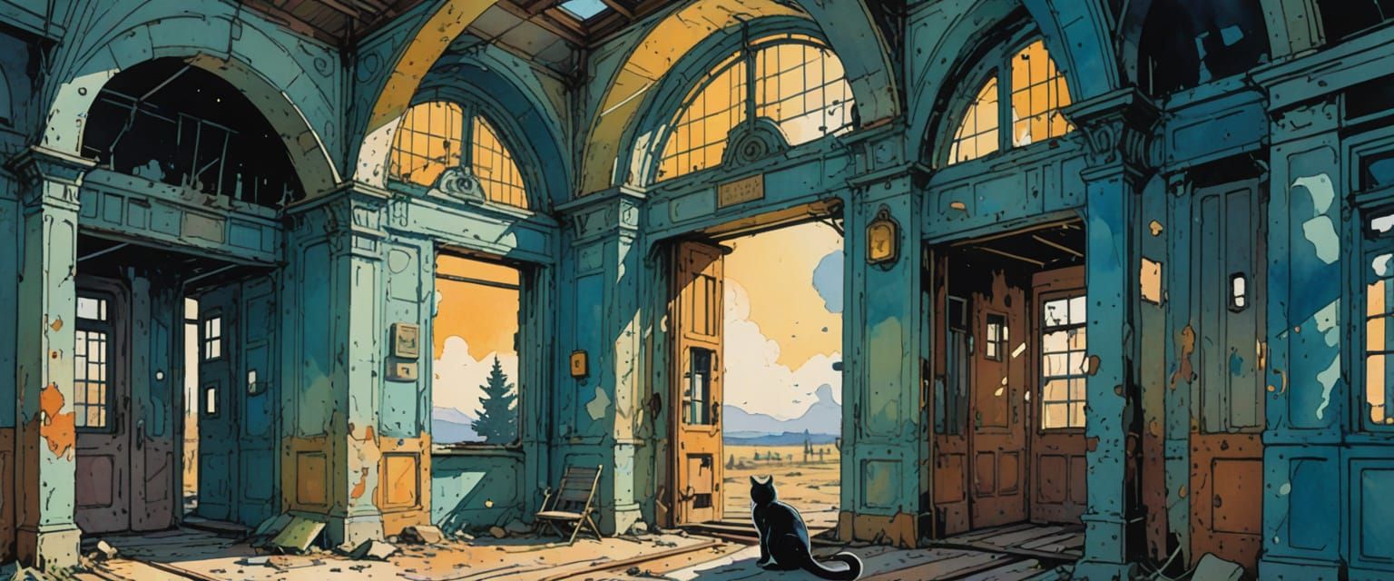 Cat in Abandoned Station, Vast Sky, Retro Comic Style