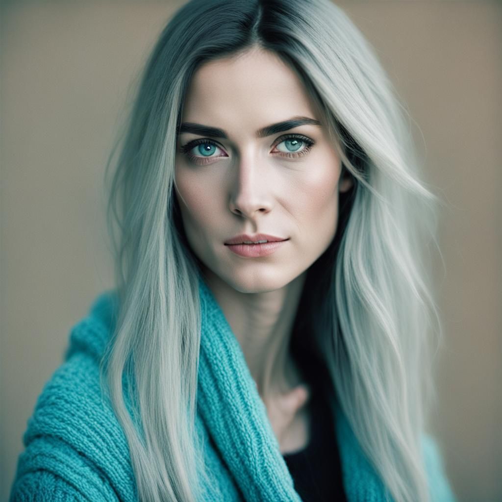 Striking Woman with Blue Eyes and Turquoise Sweater