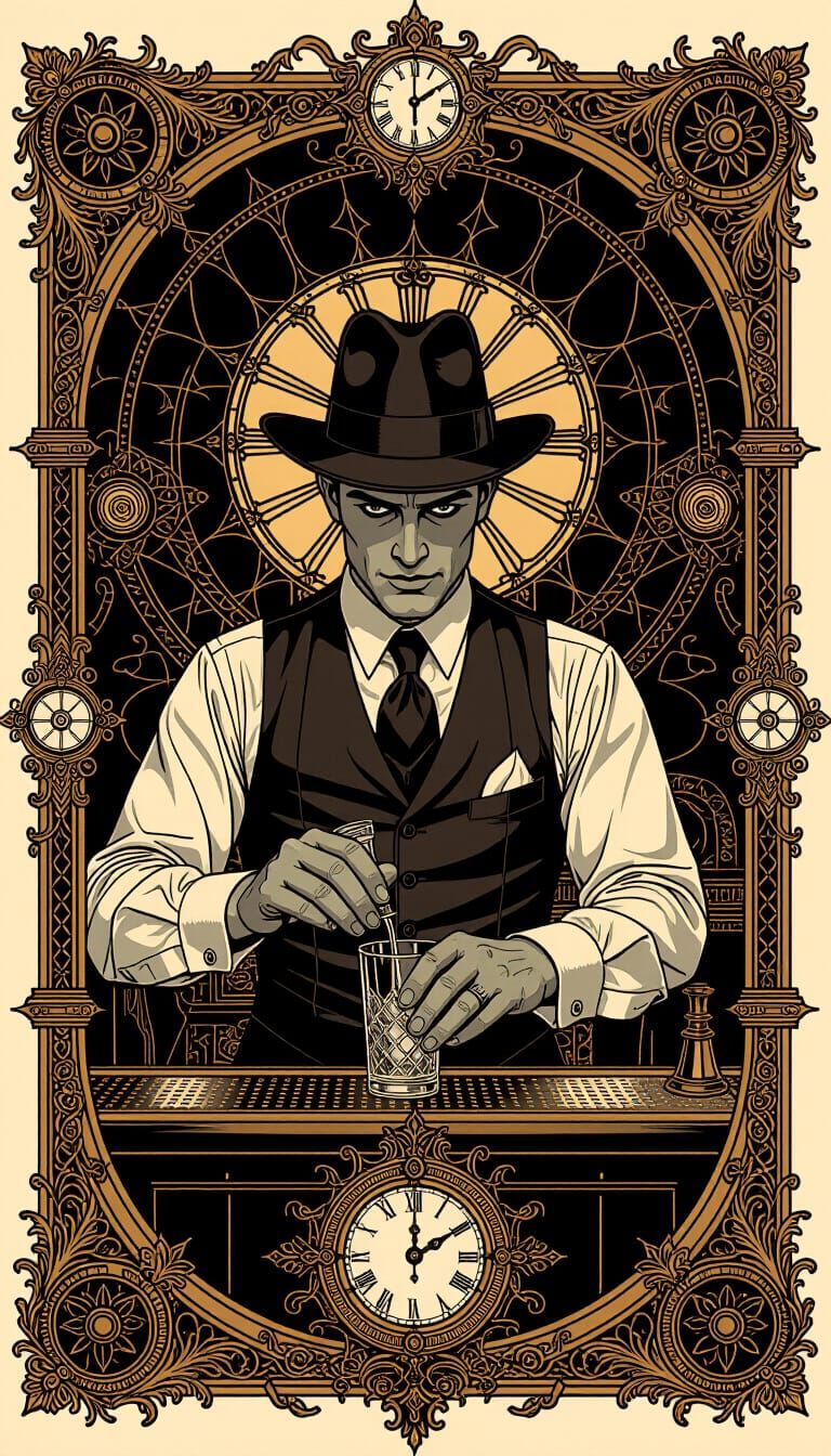 Steampunk Bartender in Gothic Surrealism Style
