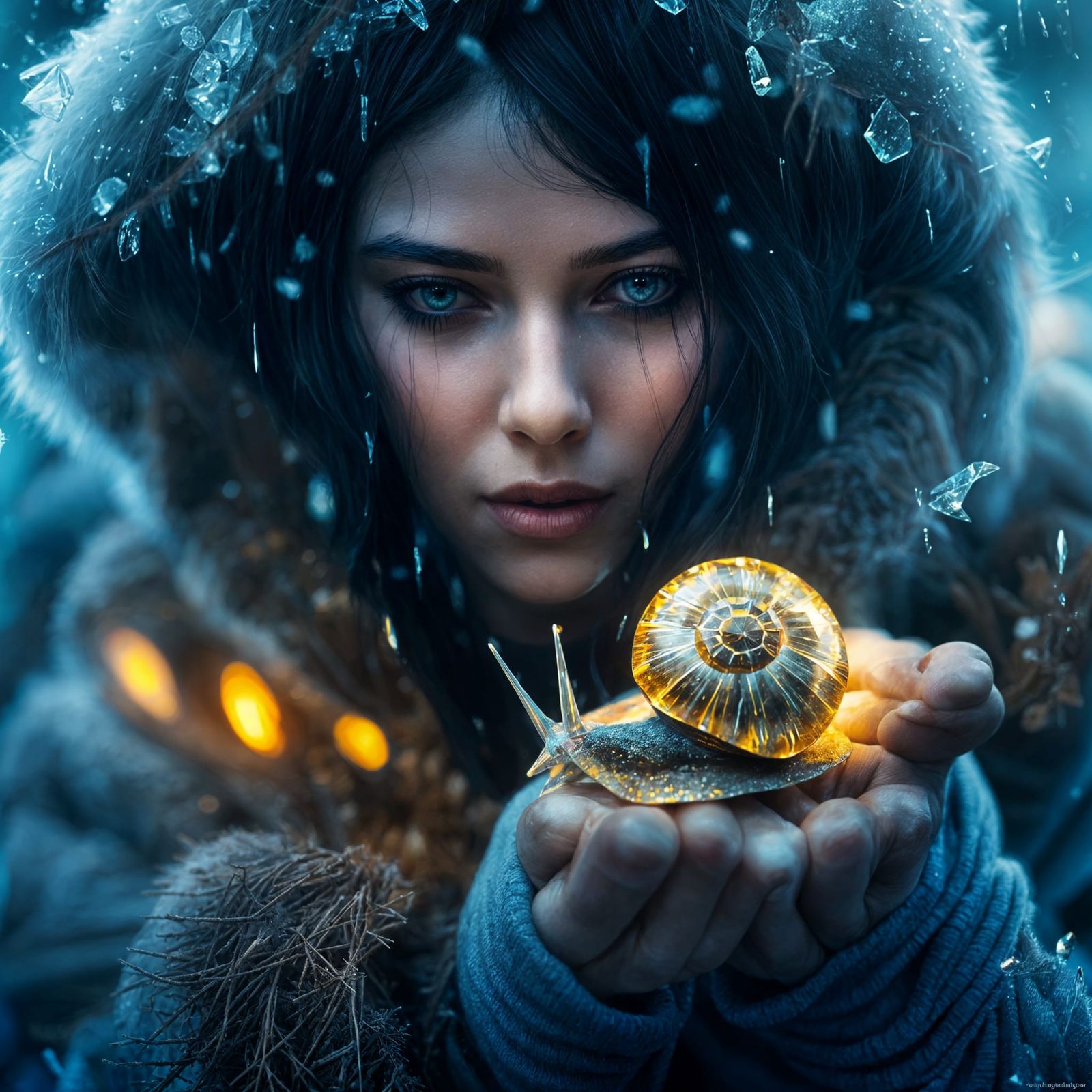 Woman Protects Glowing Snail in Storm: Digital Art