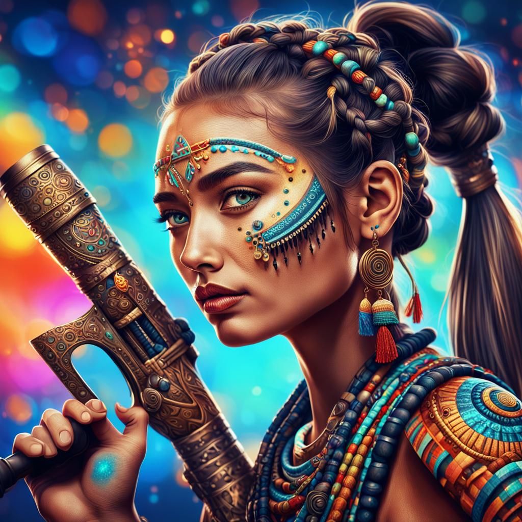 Bazooka-Wielding Tribal Woman: A Digital Fantasy Portrait