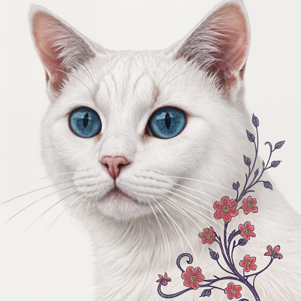 Elegant White Cat with Paisley Floral Design