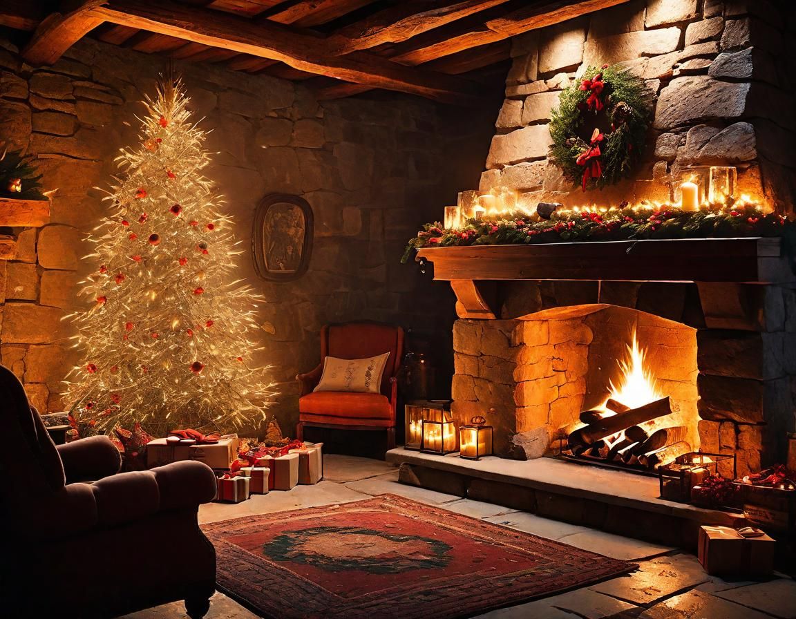 Rustic Christmas Room with Fireplace