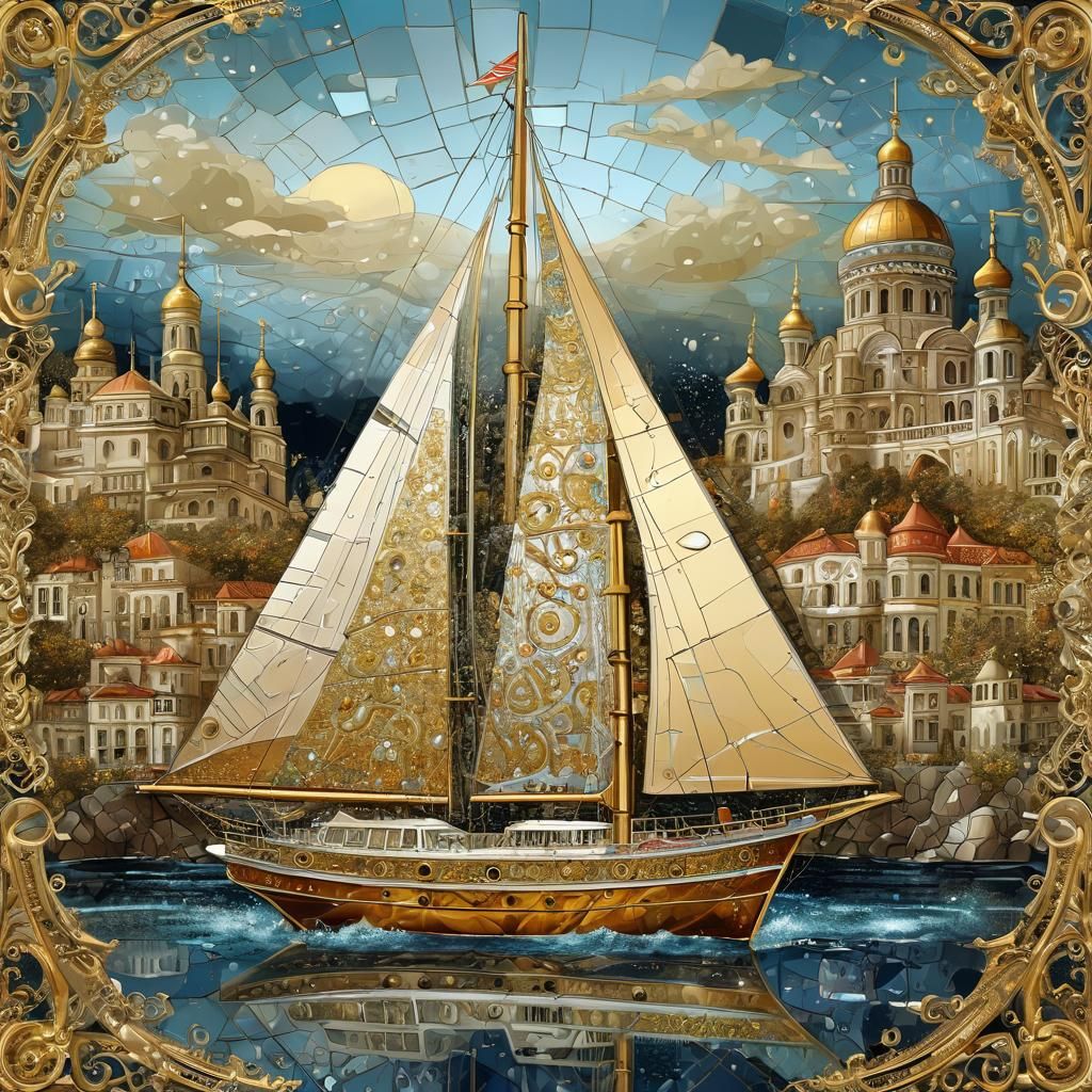 Golden Yacht Landscape in Baroque Mosaic Style