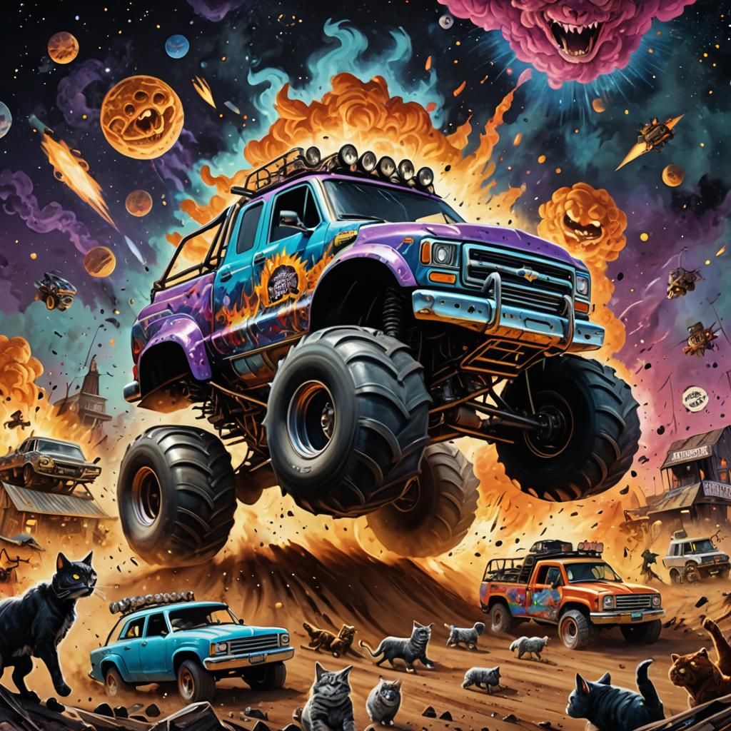 Anthropomorphic Cats Drive Monster Truck in Space