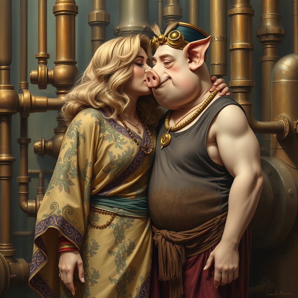 Steampunk Siren and Her Whimsical Pig Companion