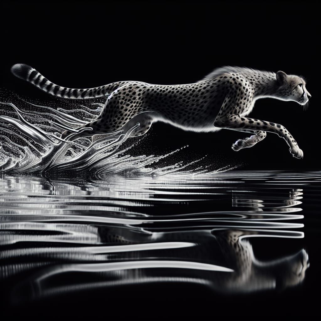 Cheetah in Motion: Mirrored Reflection on Water