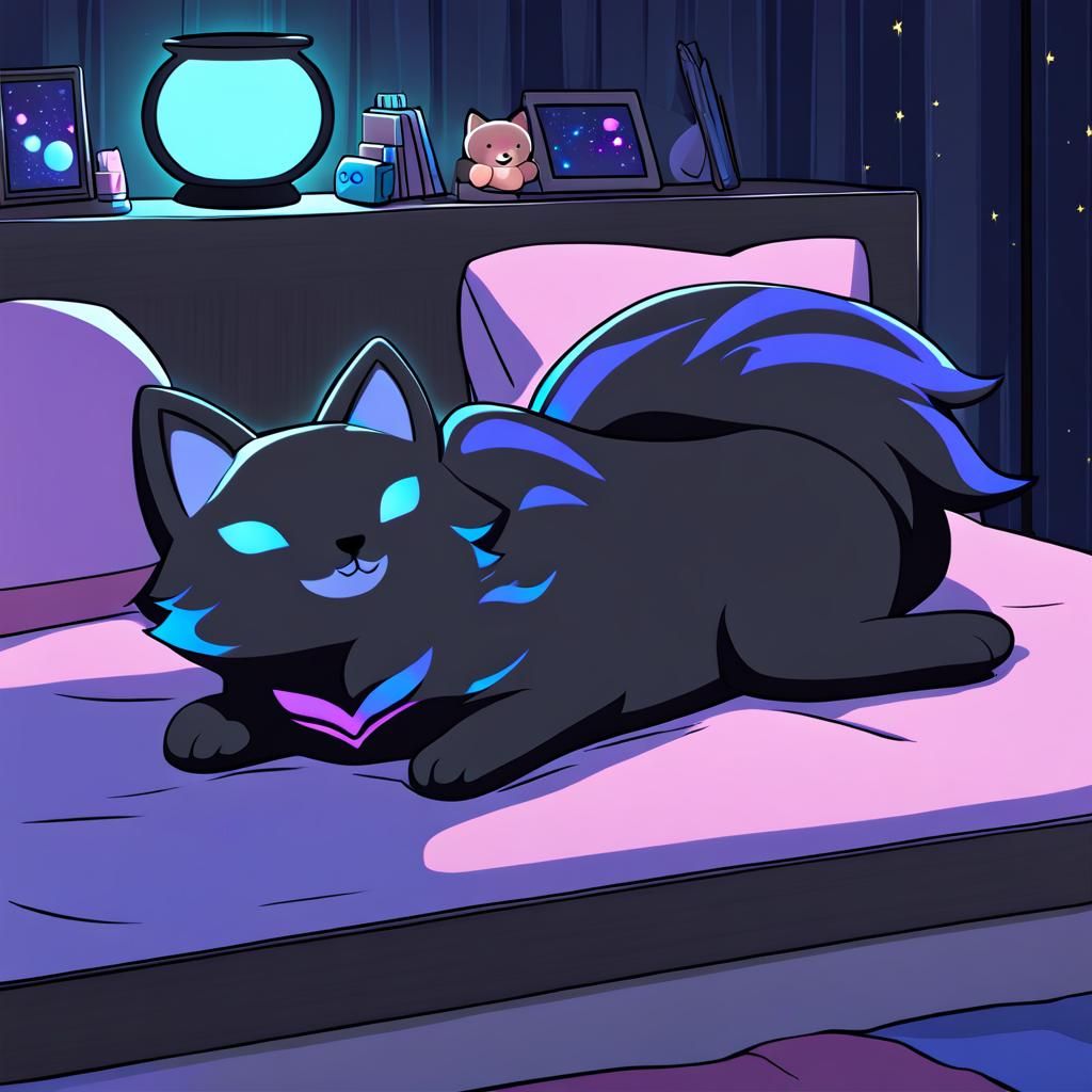 Anime Bioluminescent Black Wolf Plushie in Bedroom