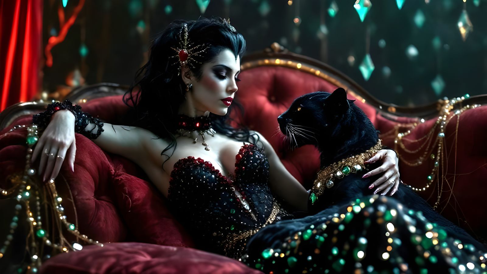 Elvira and Panther in Opulent Goth Style