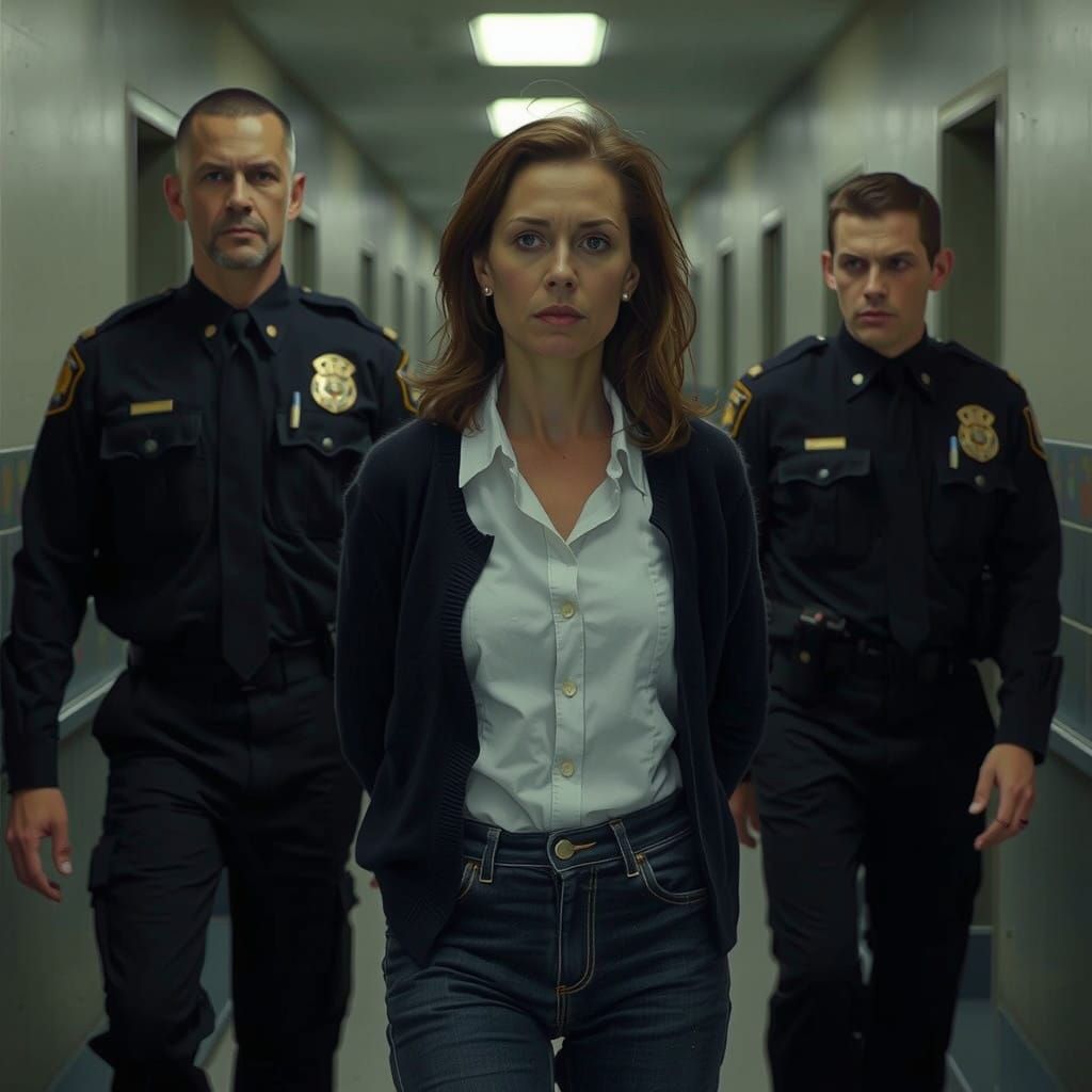 Middle-Aged Woman in Gritty Urban Setting, Escorted by Guard...