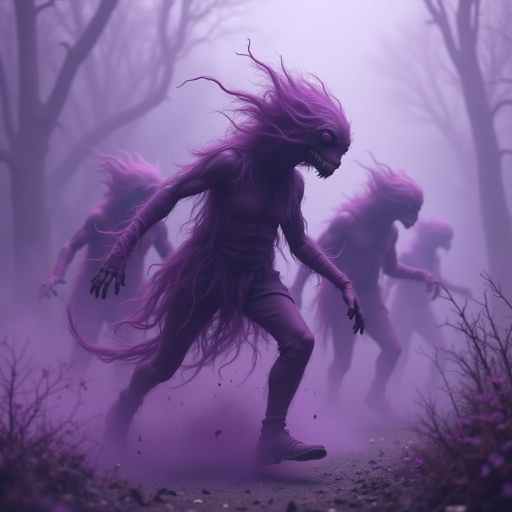 Victorian Monsters Fleeing Purple Fog in Fantasy Style