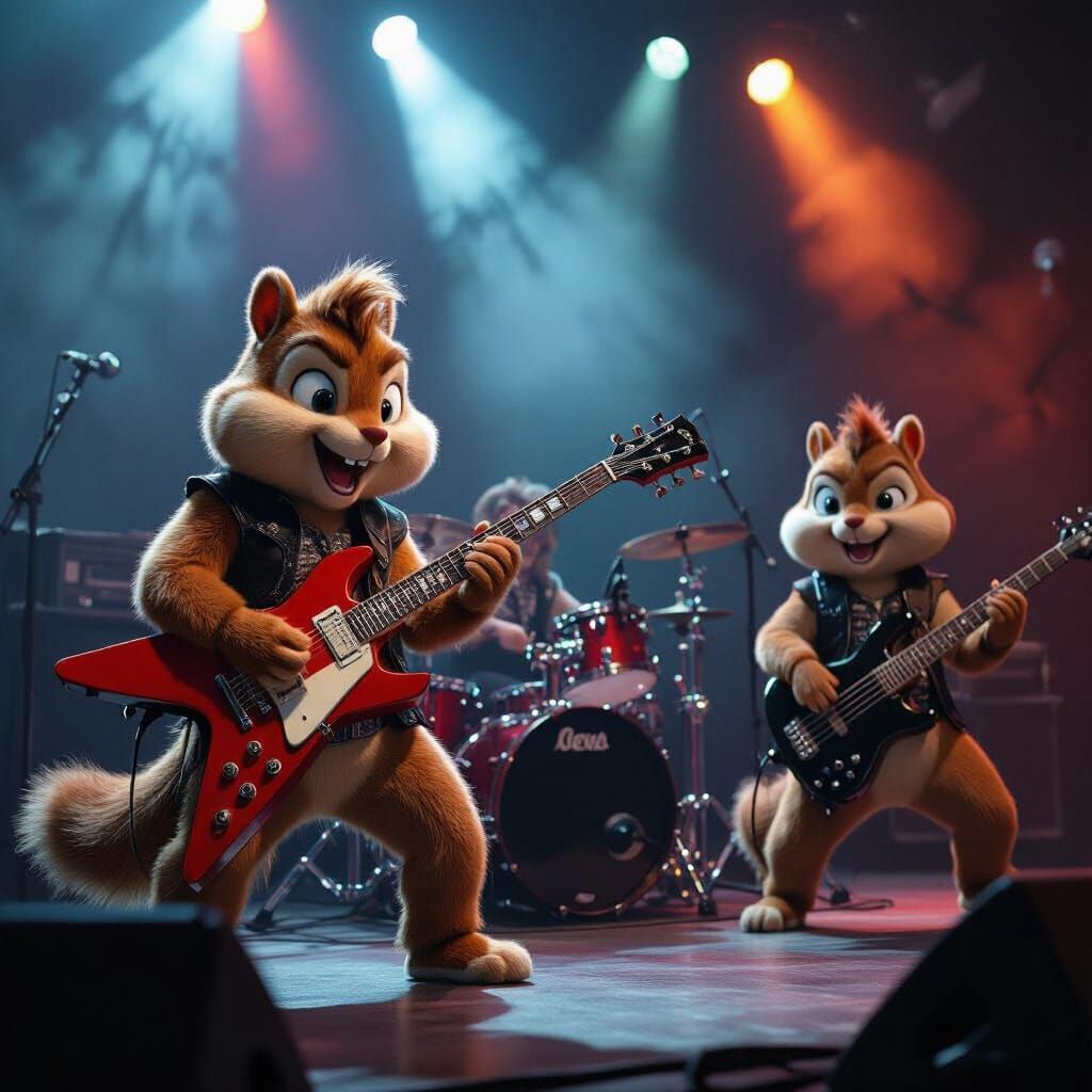 Chipmunks Rock Heavy Metal Concert in Hyperrealistic Style