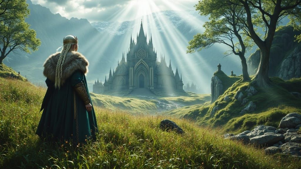 Viking King Walks Towards Magical Shrine in Enchanted Forest