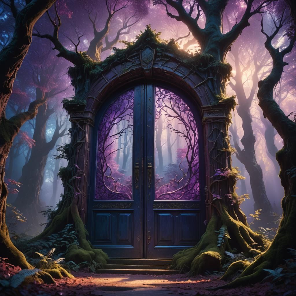 Glowing Door in Enchanted Forest, Digital Matte Painting
