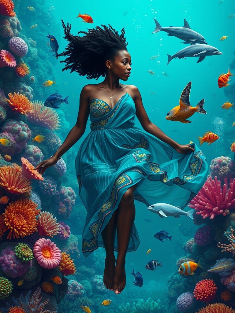 African Woman Free Diving in Coral Reef