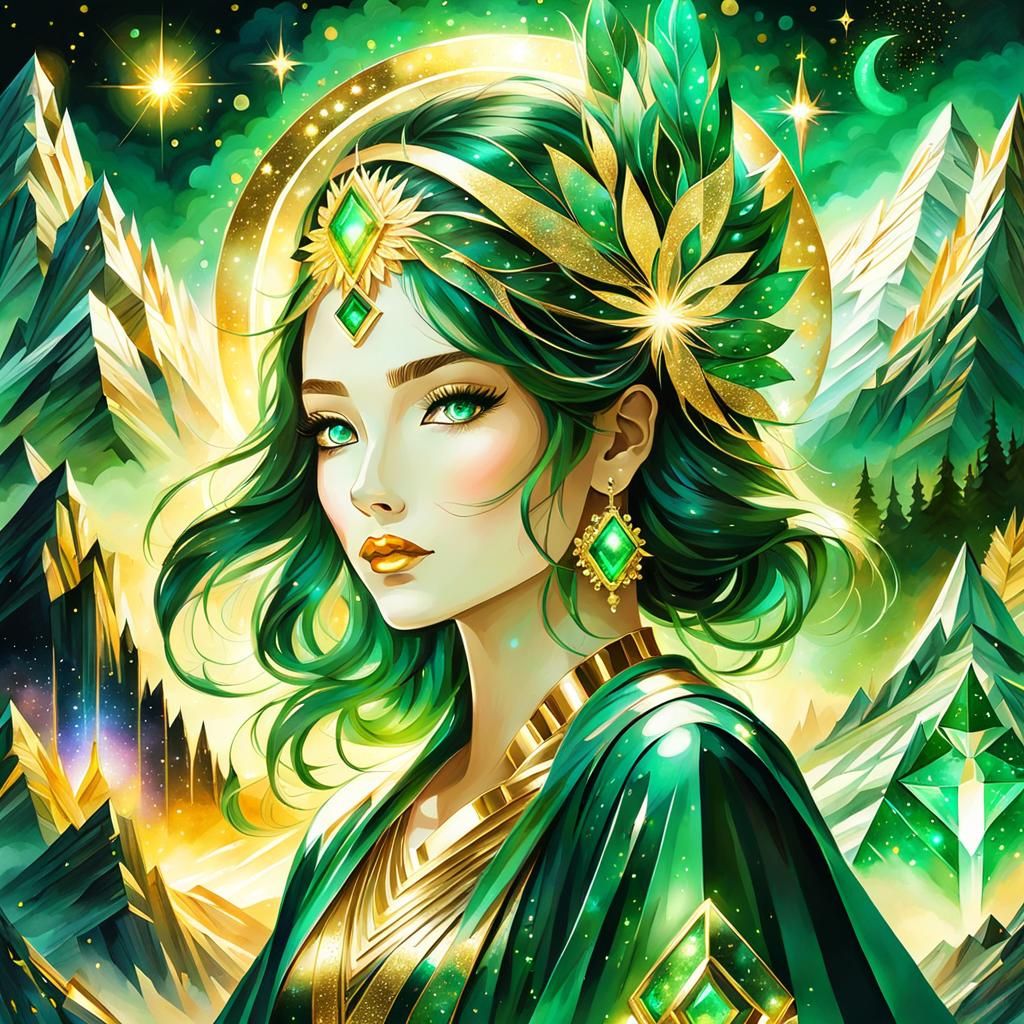 Emerald Crystal Girl in Cosmic Dreamscape