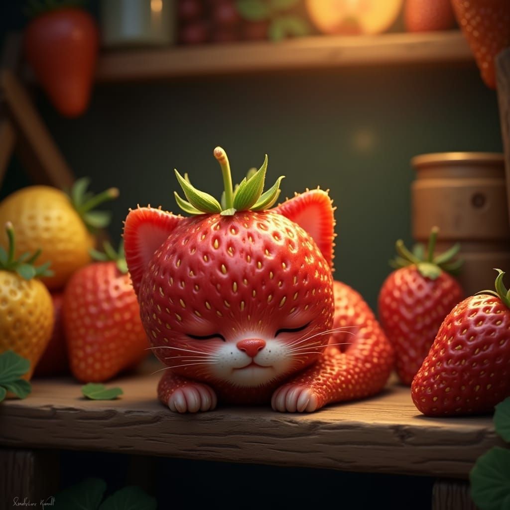 Whimsical Strawberry Kitten in Fruit Seller Shop