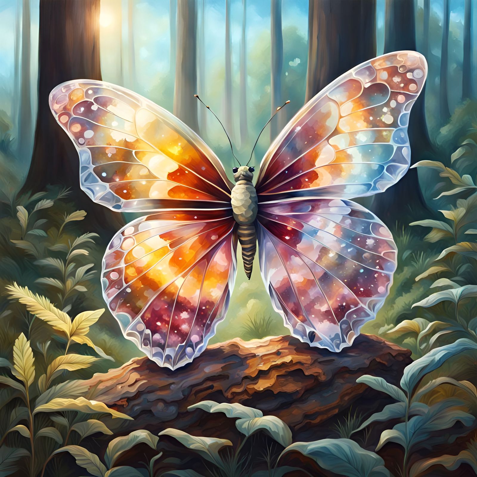 Crystal Butterfly in Forest: Realistic Painting