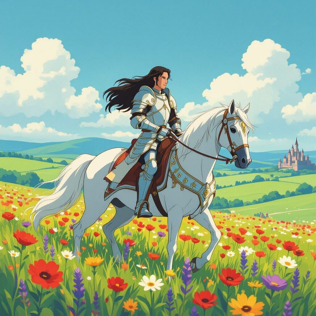 Warrior on Horseback in Ghibli Style