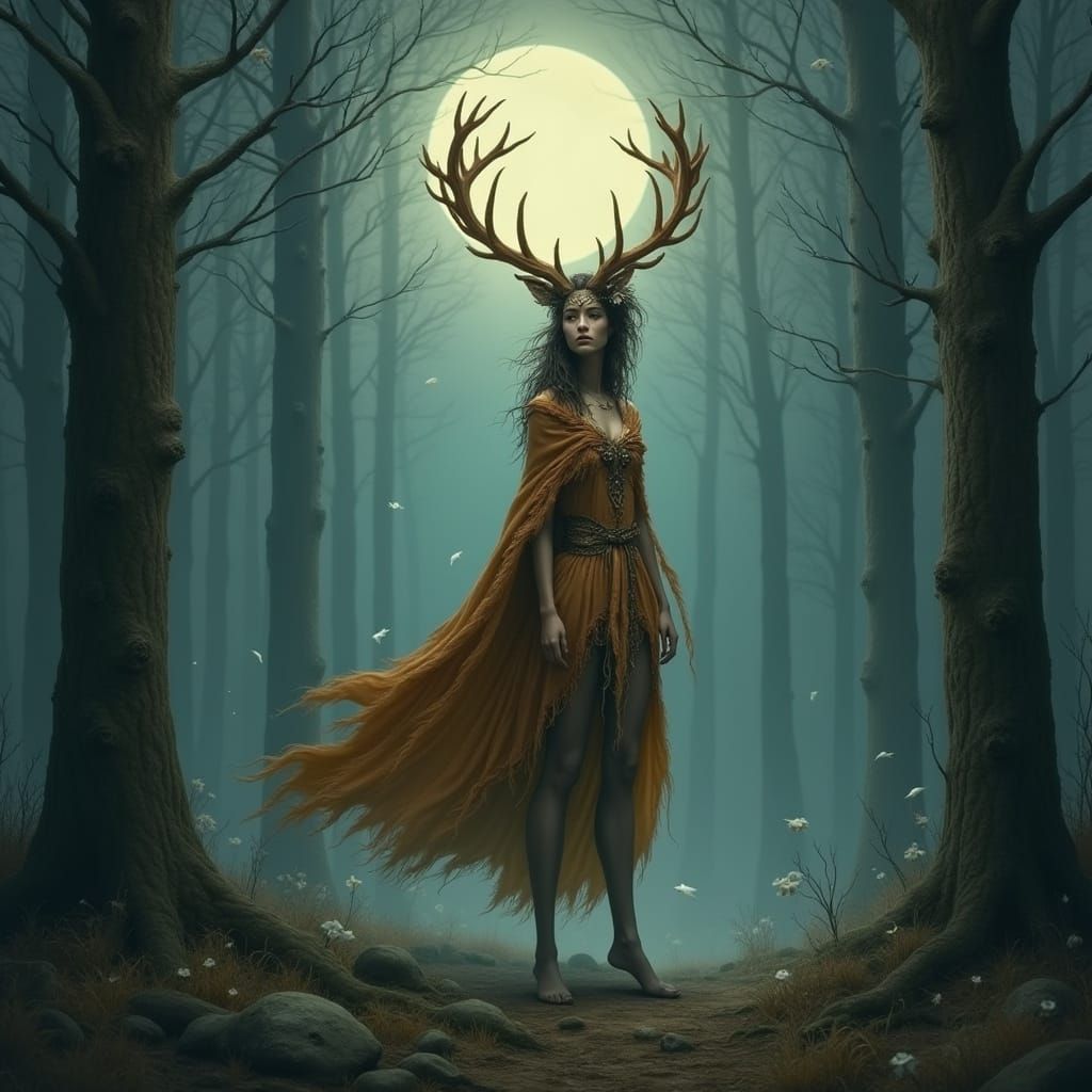 Mystical Deer Woman Under Moonlit Forest Canopy