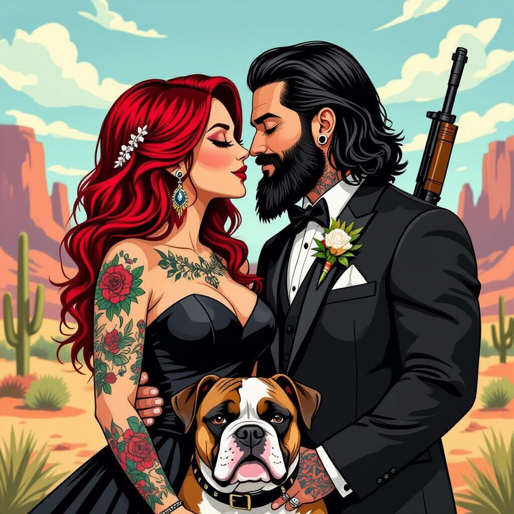 Couple Shares Kiss in Western Setting with Bulldog