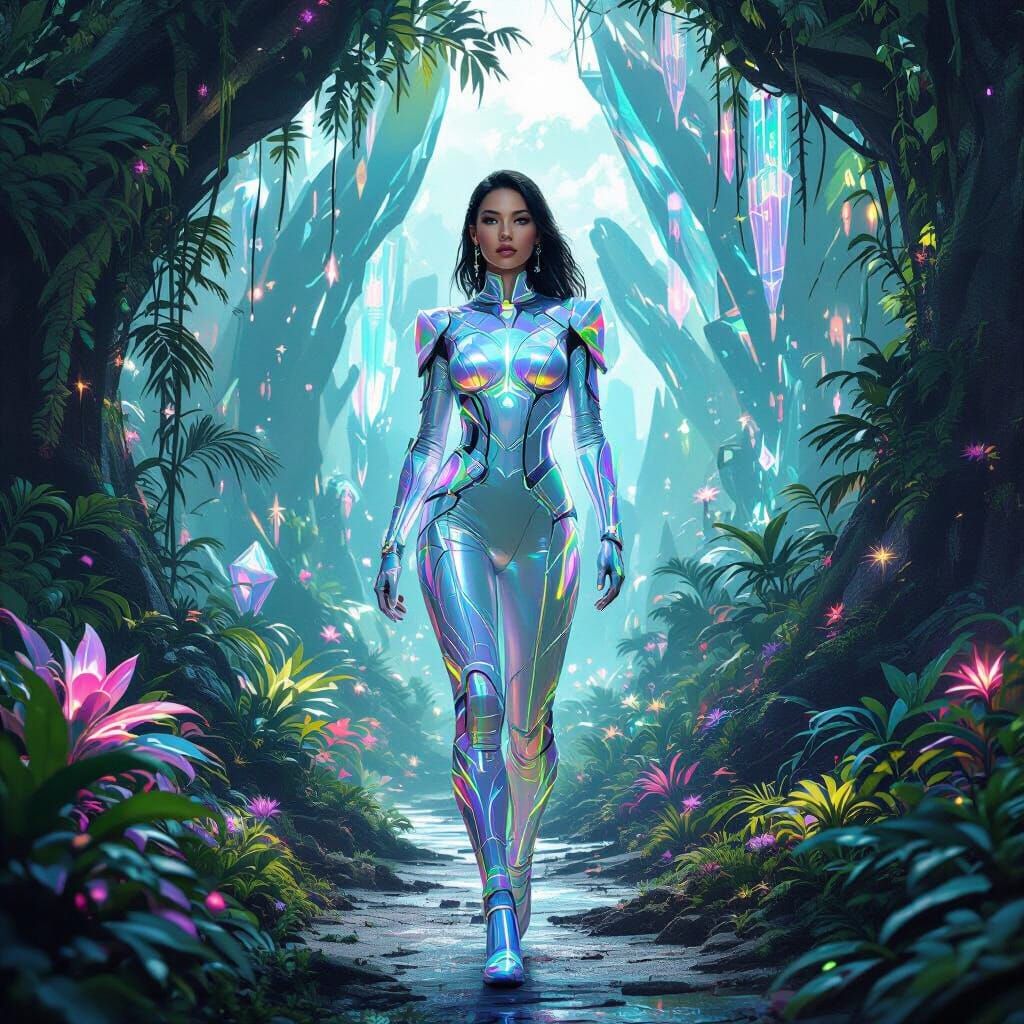 Woman in Bioluminescent Suit in Alien Jungle