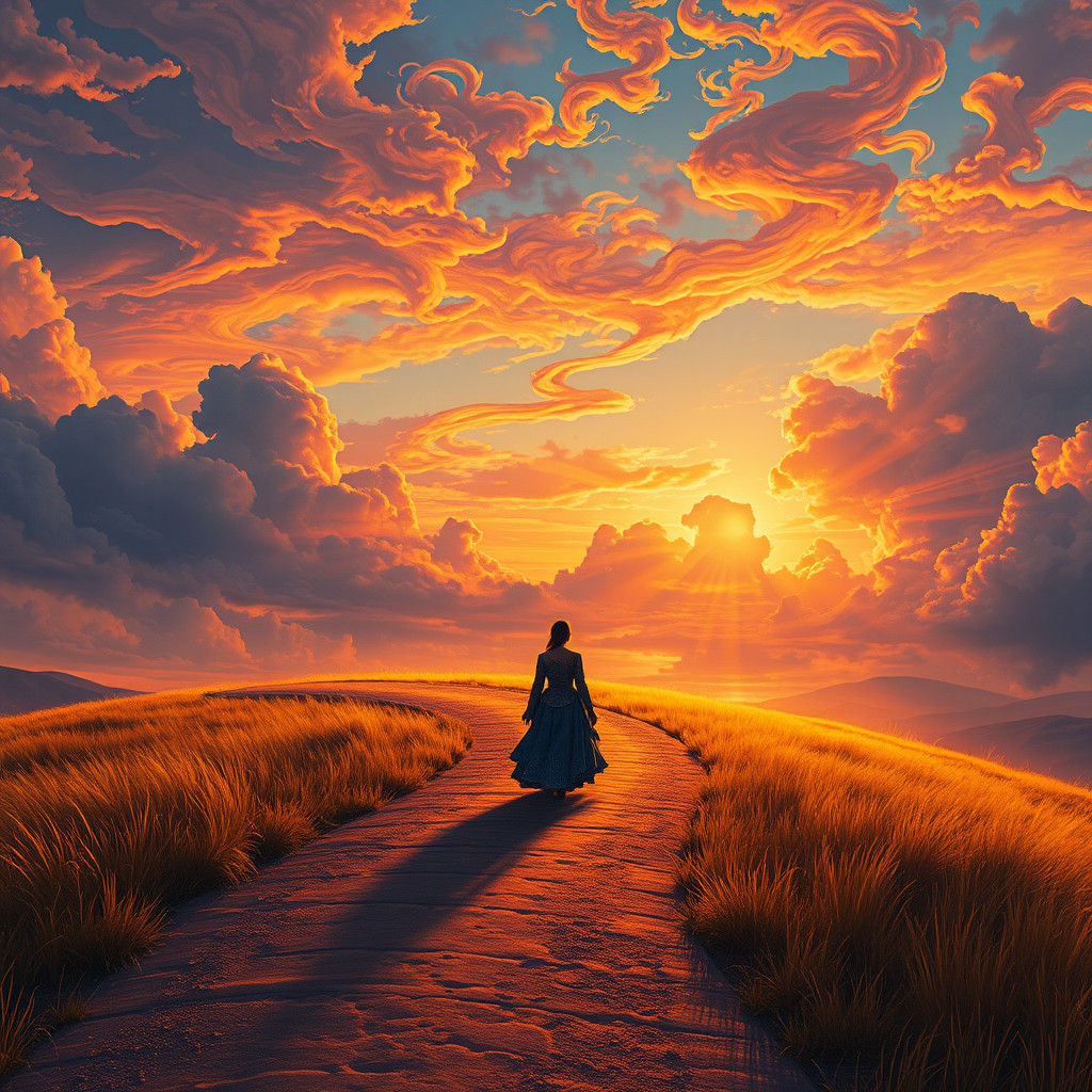 Mystical Figure Walking Toward Sundown in Dreamscape