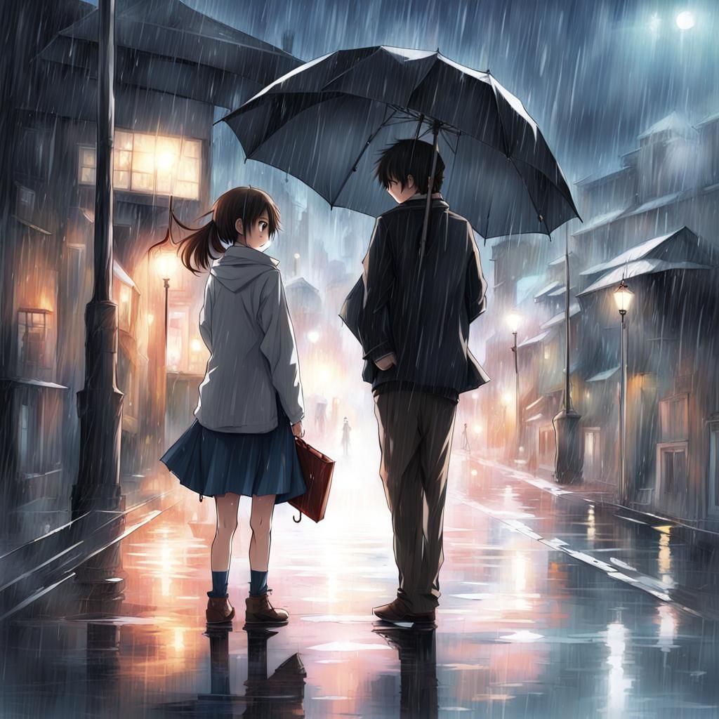 Anime Girl in Rain Receives Umbrella