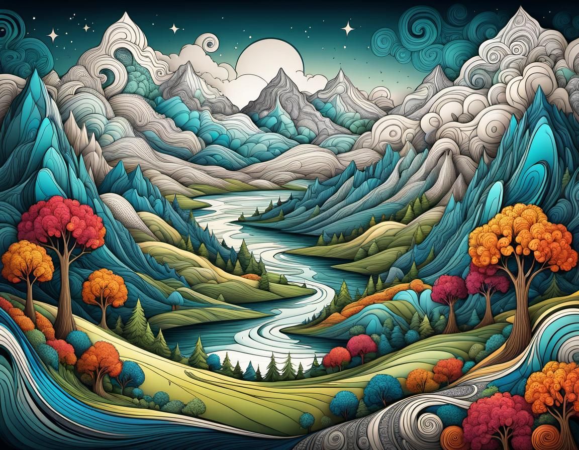 Fantasy Doodle World Landscape in Sketchy Style