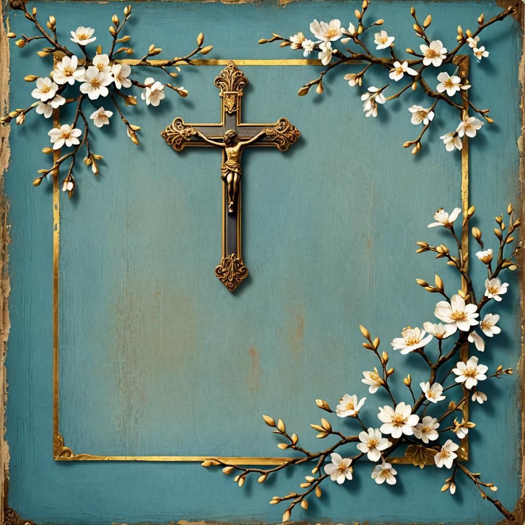 Blue Banner with Antique Cross and Blossoms