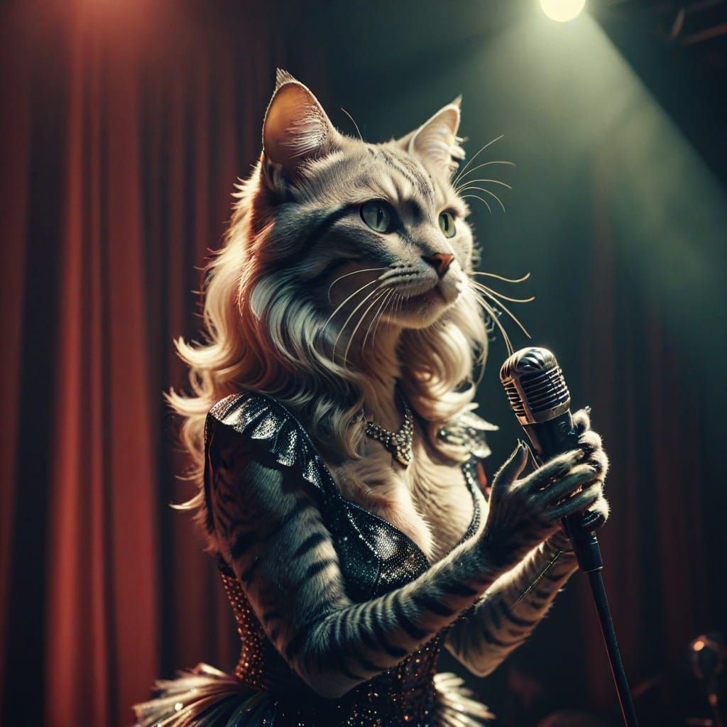 Glamorous Cat Diva on Stage, Pinup Style
