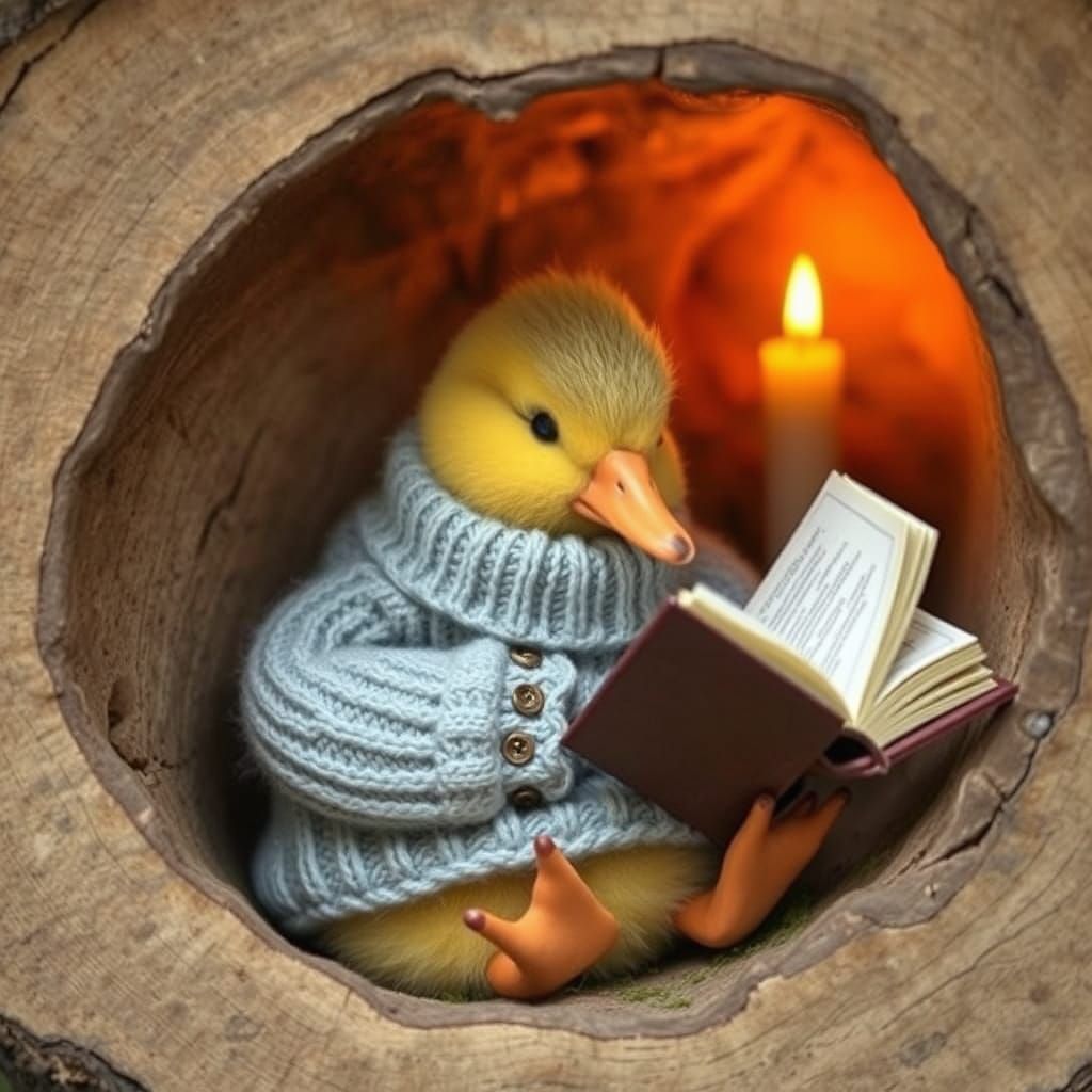 Whimsical Duck in Cozy Hollow Log by Candlelight
