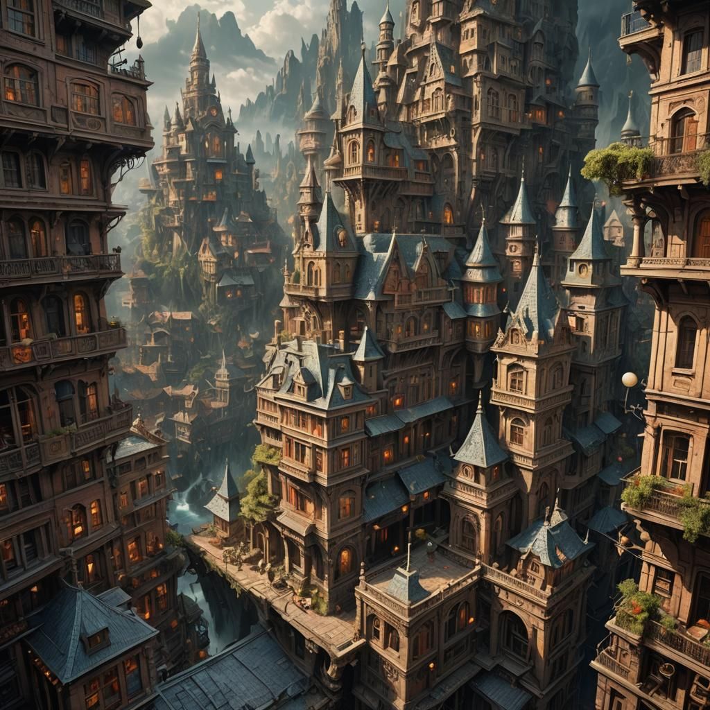 Mountain City Pencil Drawing: Dramatic Digital Matte Paintin...